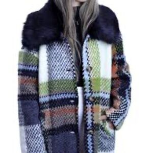 NWT La Florentina Plaid Coat Faux Fur Collar Penny Lane Reg. $699 Tweed Wool M\L